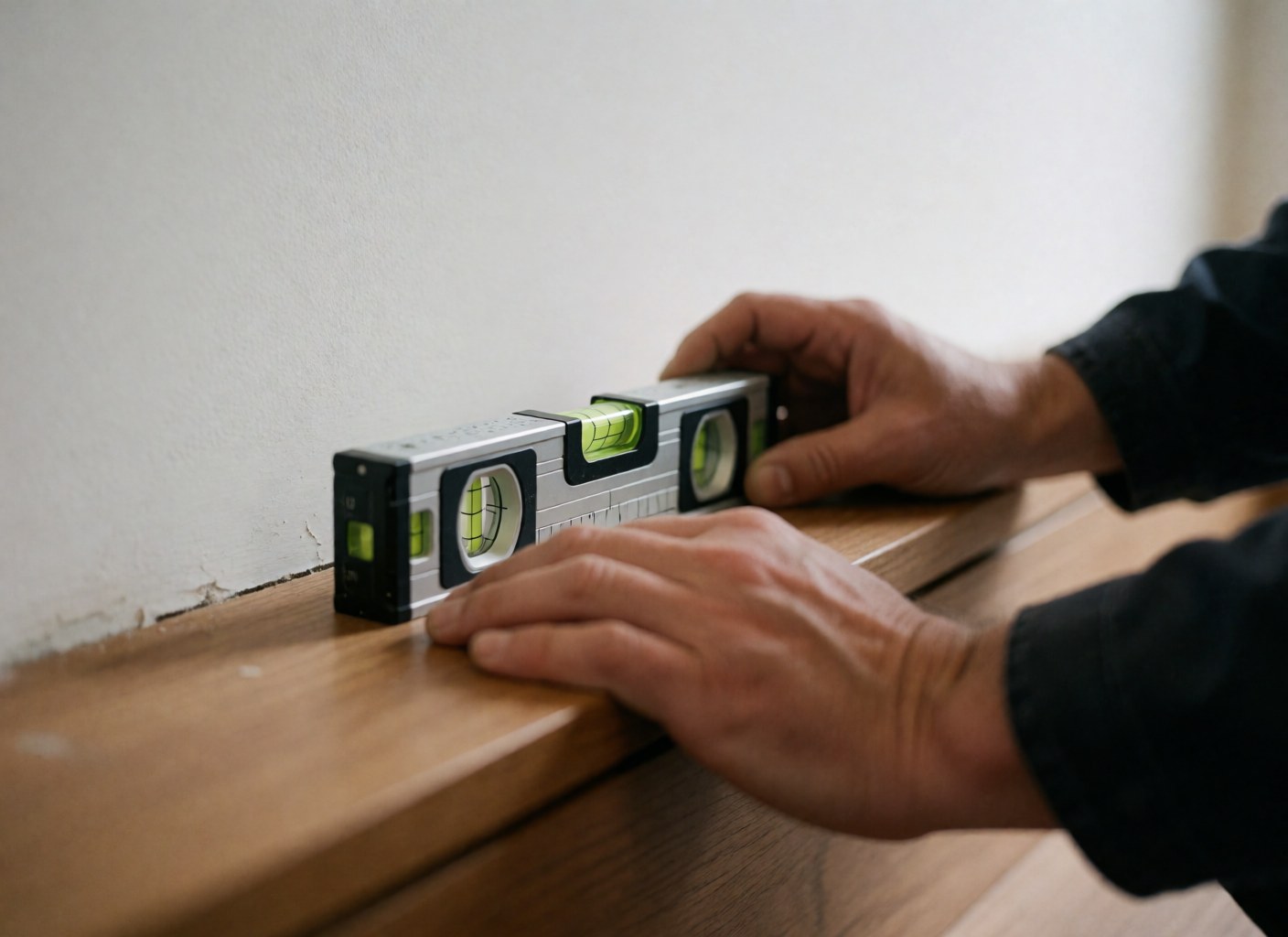 Close-up of hands using a level on new wooden stairs against a white wall, showing precise flooring installation details
