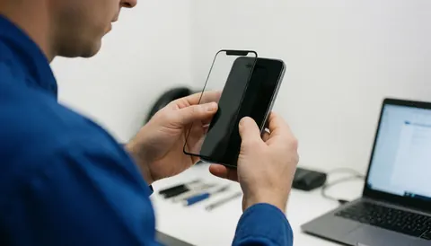 Electronics repair technician carefully applying a screen protector to a mobile phone with tools and laptop on the workbench