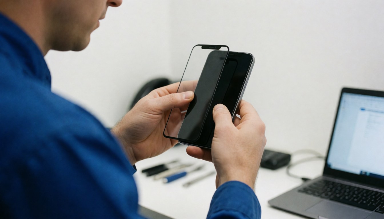 Electronics repair technician carefully applying a screen protector to a mobile phone with tools and laptop on the workbench