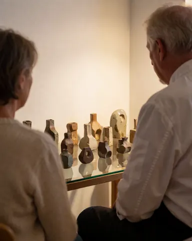 A customer observes a collection of abstract ceramic pieces displayed on a glass table within a pottery studio featuring white walls and warm lighting.