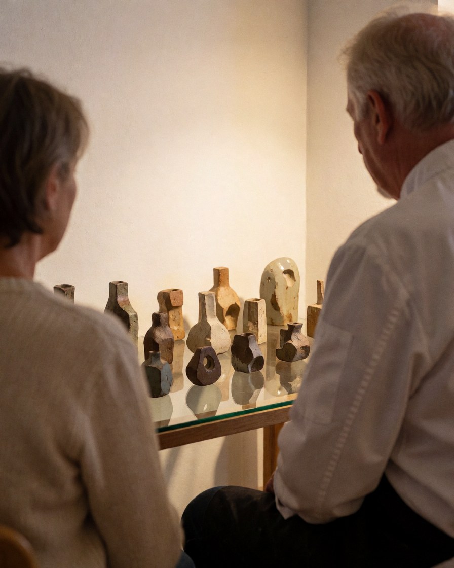 A customer observes a collection of abstract ceramic pieces displayed on a glass table within a pottery studio featuring white walls and warm lighting.