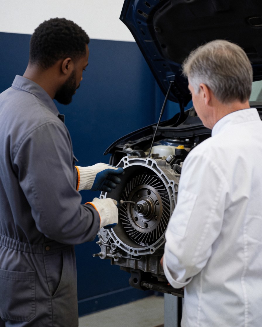Mechanic in gloves displays a removed transmission to a client in a workshop with blue walls and visible tools