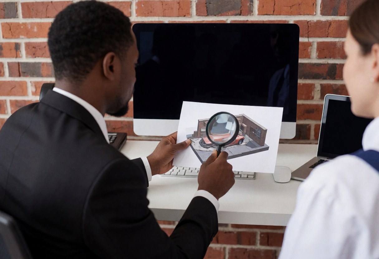 Professional man examining a 3d accident model using a magnifying glass in a modern brick office setting