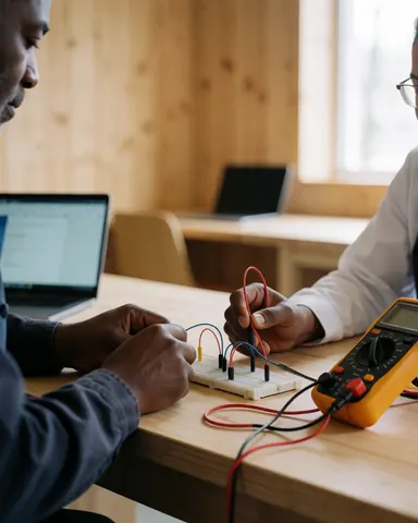Hands using a multimeter to measure a honeycomb circuit board during a robotics workshop session.