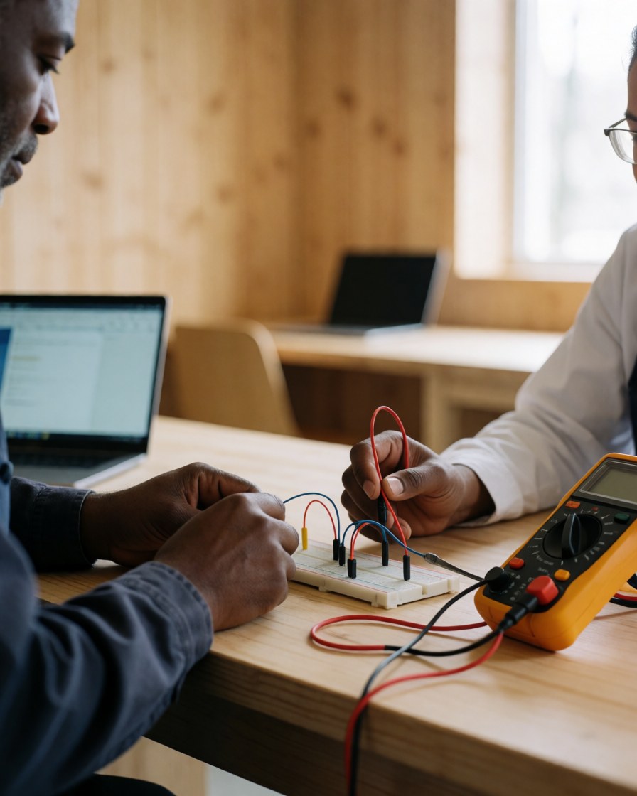 Hands using a multimeter to measure a honeycomb circuit board during a robotics workshop session.