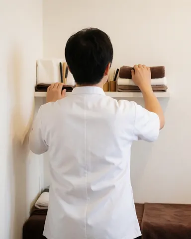 Back view of a shiatsu practitioner arranging towels and tools in a studio with warm white walls