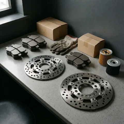 Motorcycle spare parts including brake discs, pads, and filters arranged on a gray table with natural window light for repair work