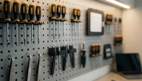 Screwdrivers and pliers hanging on a gray pegboard wall, serving as a neutral background for phone repair business text.