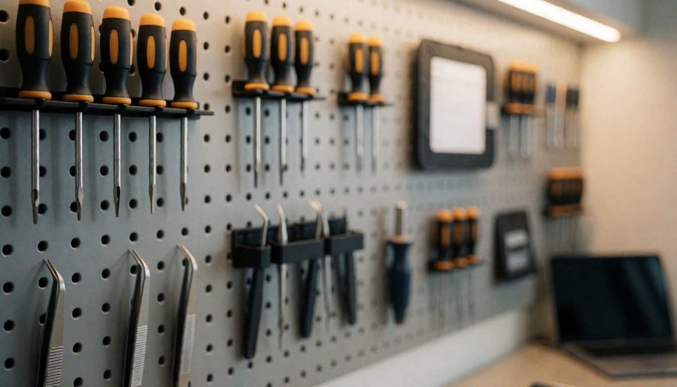 Screwdrivers and pliers hanging on a gray pegboard wall, serving as a neutral background for phone repair business text.