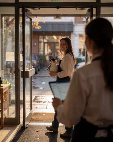A smiling customer exits an aquarium holding a penguin, viewed from behind an employee using a laptop at the entrance during sunset.