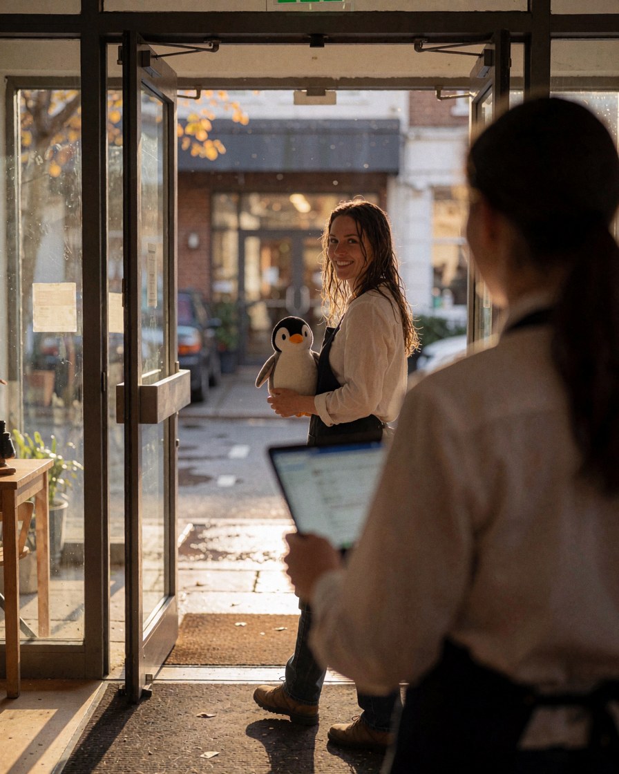 A smiling customer exits an aquarium holding a penguin, viewed from behind an employee using a laptop at the entrance during sunset.