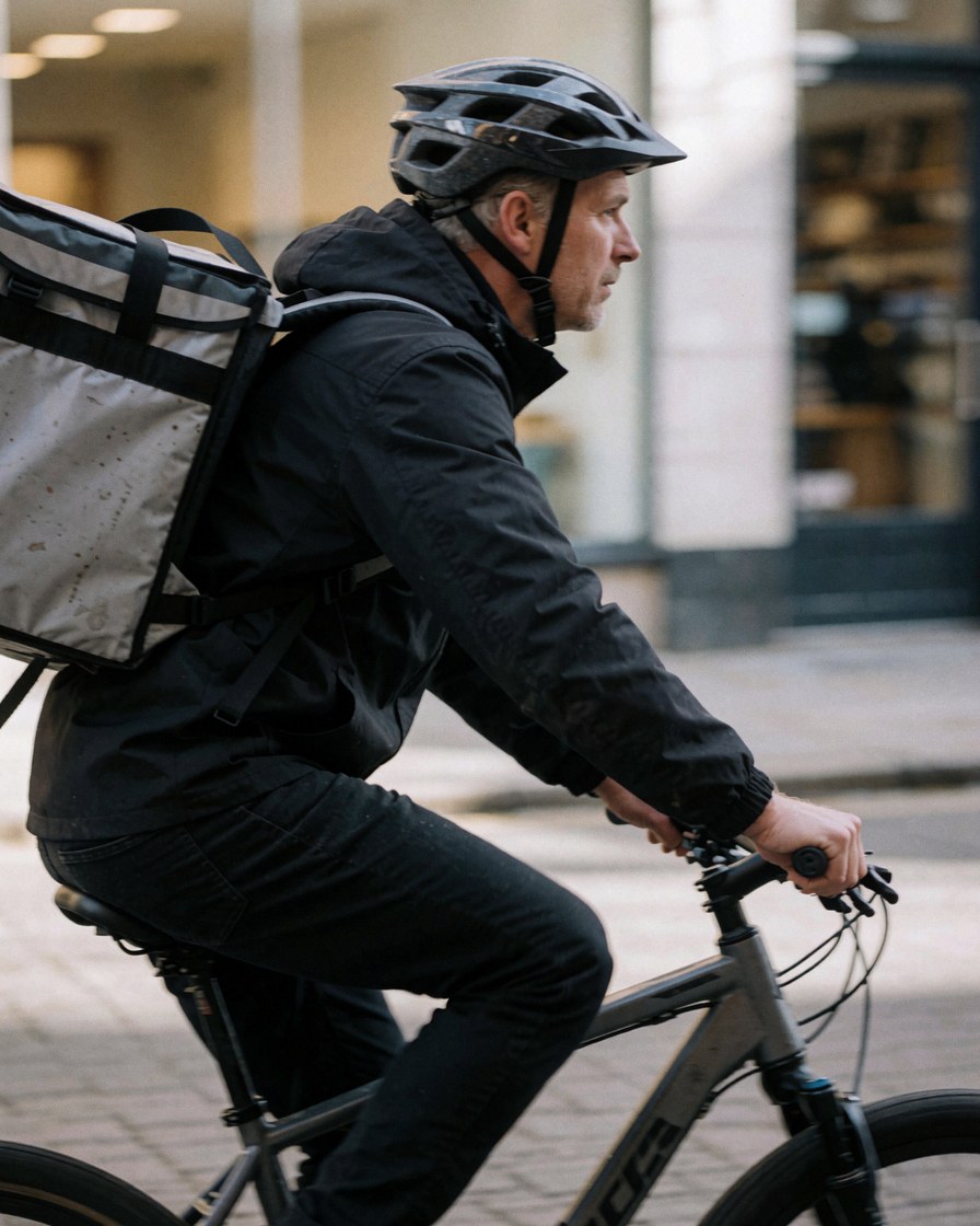 Cyclist wearing a helmet and thermal bag delivering in an urban street, last-mile logistics service