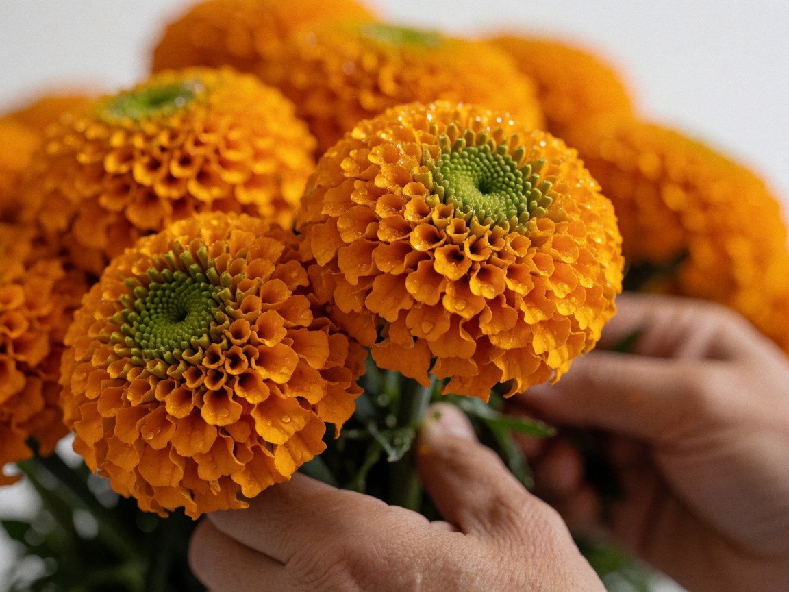 Close-up of florist hands handling bright orange cempasuchi blooms with green sepals and dew drops against a soft bokeh background