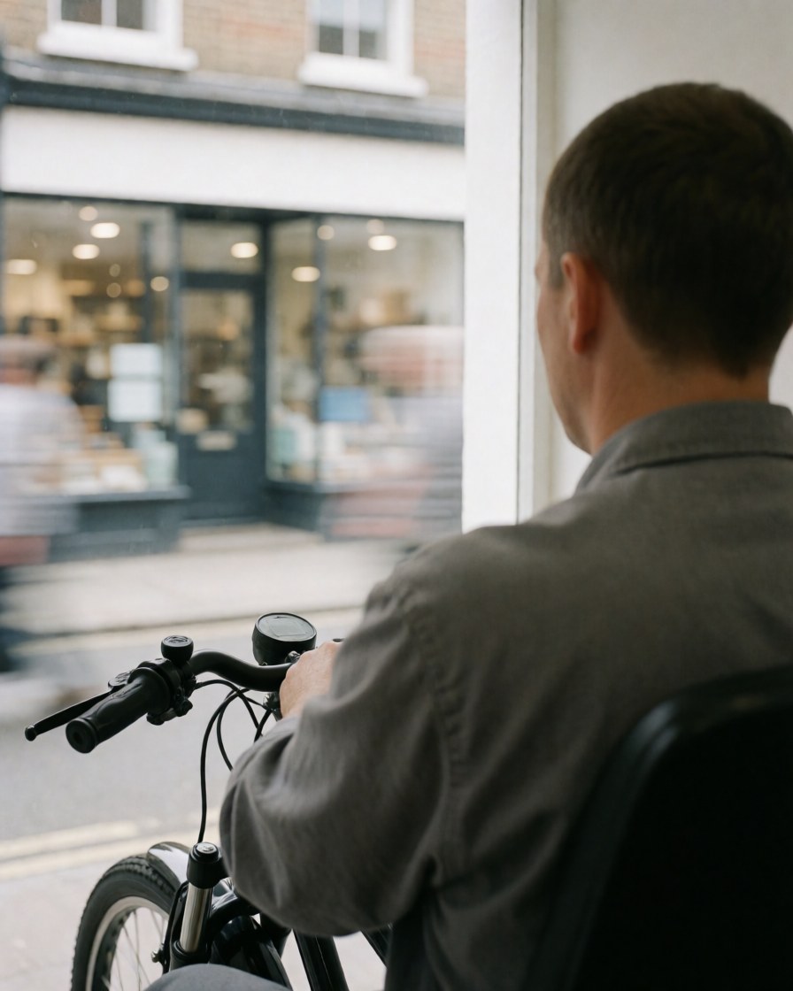 Rear view of a bicycle taxi driver showing the handlebars and front wheel on an urban street with blurred shops in the background.