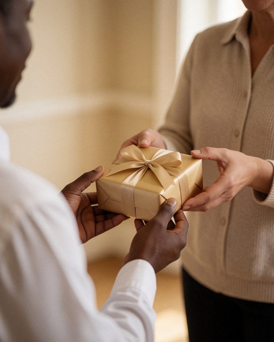 A party coordinator hands a gold-wrapped gift box to a happy client in a warm, elegant room.