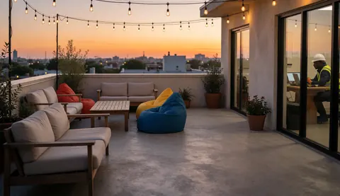 Wooden chairs with cushions and hanging lights on a terrace, with a person working on a laptop overlooking the sunset.