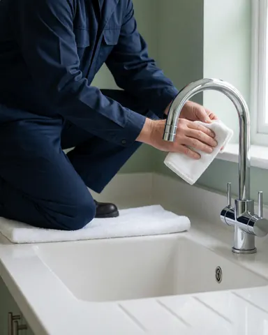 Plumber in blue uniform cleaning a new chrome faucet with a white towel in a modern kitchen with green walls