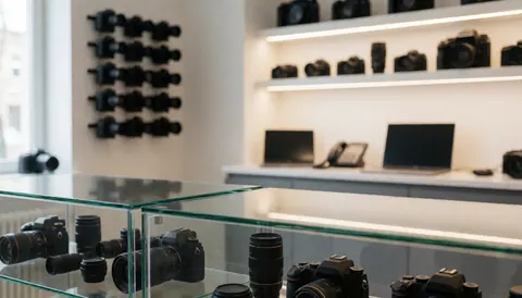 Photography store background featuring cameras and lenses arranged in illuminated glass display cases and shelves, suitable for text overlay.