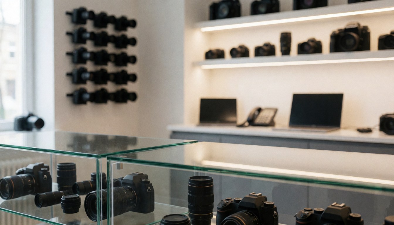 Photography store background featuring cameras and lenses arranged in illuminated glass display cases and shelves, suitable for text overlay.