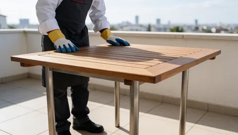 Wooden garden table with metal legs on a balcony with a city view, a person adjusting it with gloves
