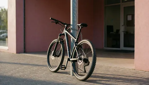 A mountain bike locked with a thick chain to a metal post near a pink wall, suitable for a mountain bike coach's website.