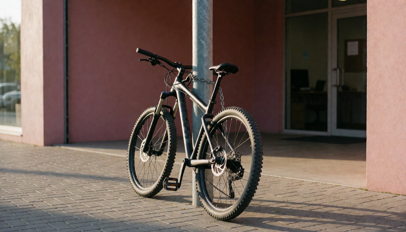 A mountain bike locked with a thick chain to a metal post near a pink wall, suitable for a mountain bike coach's website.