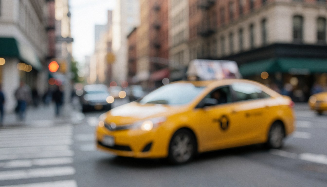 A yellow taxi in motion on an urban street with blurred buildings and pedestrians in the background, suitable for transportation services.