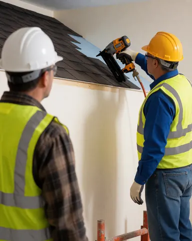 A worker in a yellow hard hat and safety vest installs roof shingles using a pneumatic nail gun while another man observes nearby.
