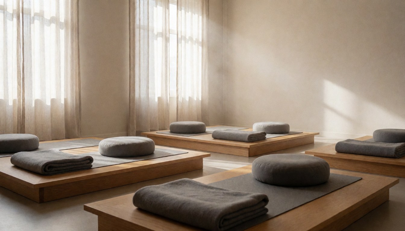 Bright minimalist yoga room featuring wooden platforms, round cushions, and gray blankets illuminated by soft window light