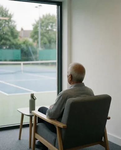 An adult man sits in a modern chair by a large window, observing a tennis court with a water bottle on a side table in a clean professional setting.