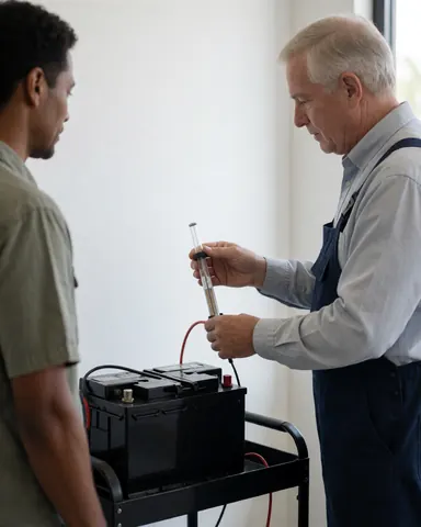 Technician in apron uses hydrometer to check battery acid level while customer watches in repair shop