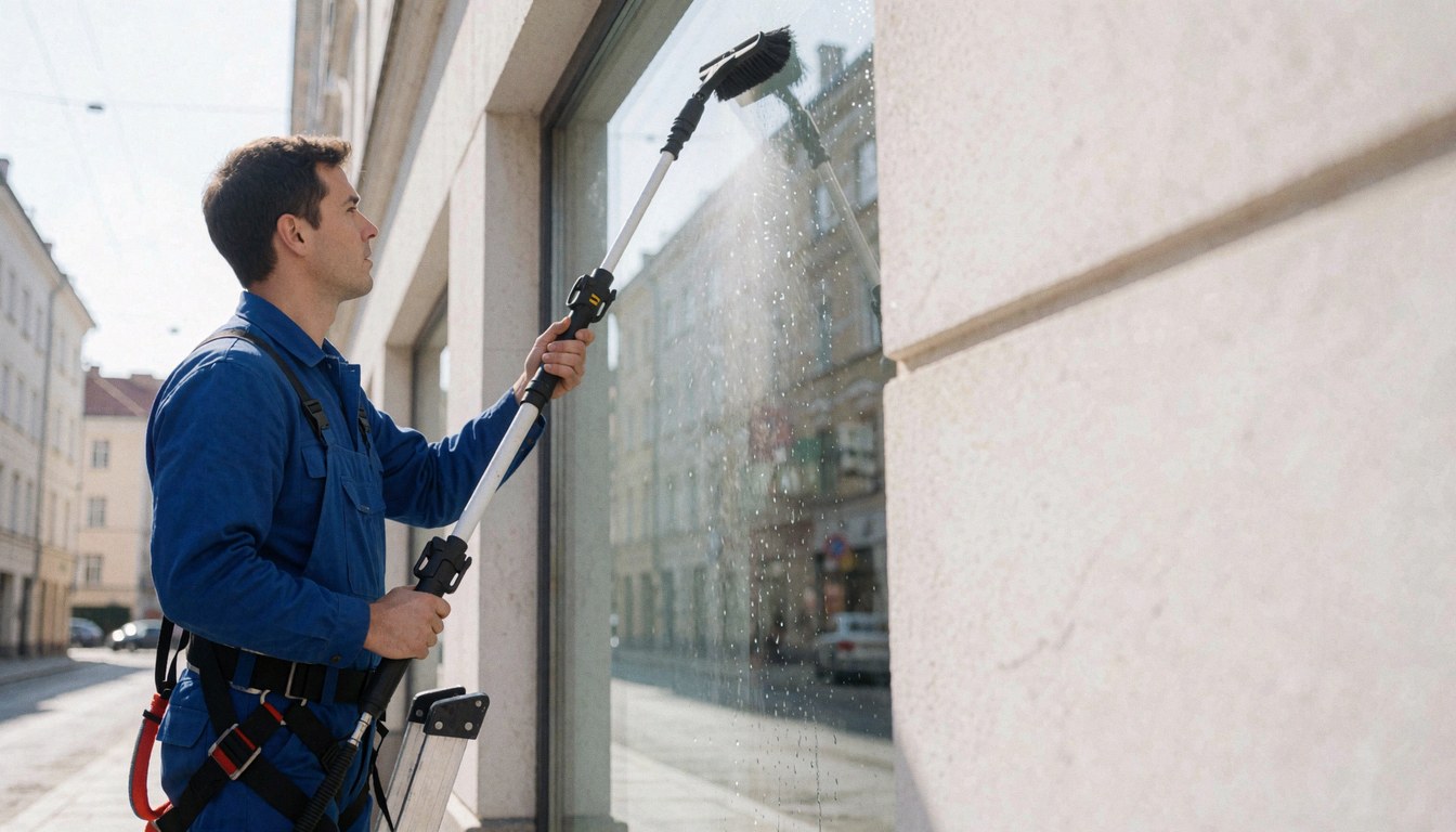 Worker in blue uniform and safety harness cleaning a building window with a telescopic pole on an urban street
