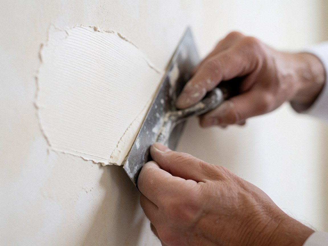 Close-up view of a hand using a trowel to apply plaster to a wall surface for professional finishing