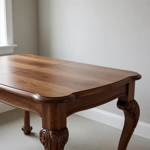 Polished dark wood dining table featuring elegant carved legs, displayed in a room with gray walls and natural lighting