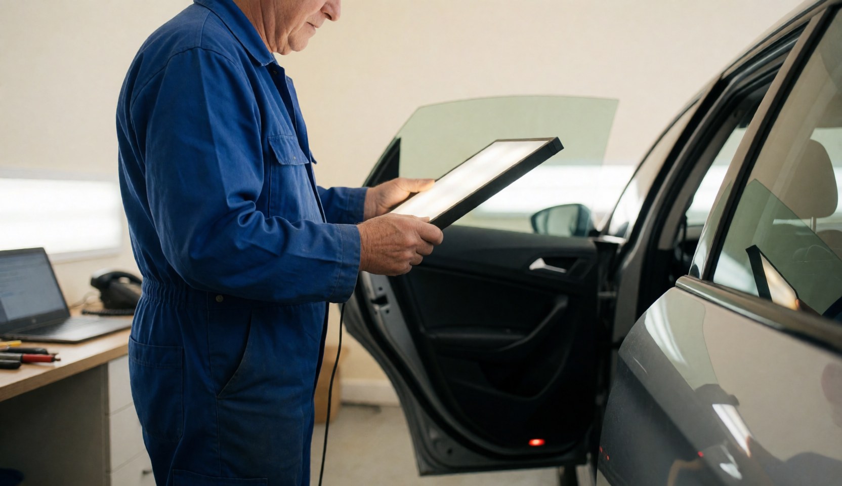 Technician in blue overalls inspects a car door using an inspection light in a clean professional auto body paint shop
