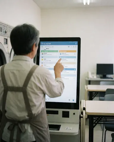 Customer wearing apron using digital kiosk in laundromat with machines and tables in background