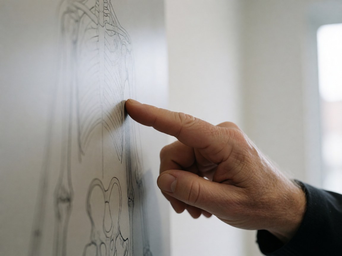 Close-up of an adult hand pointing to a specific bone on an anatomical diagram displayed against a white wall, suitable for educational zoo materials.