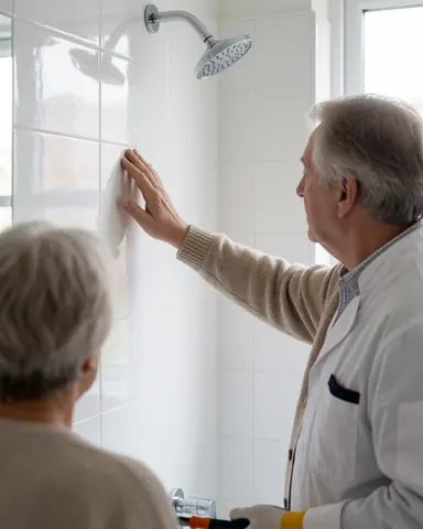 A professional installer inspects a newly tiled bathroom wall alongside a happy client, with chrome fixtures and white tiles visible.