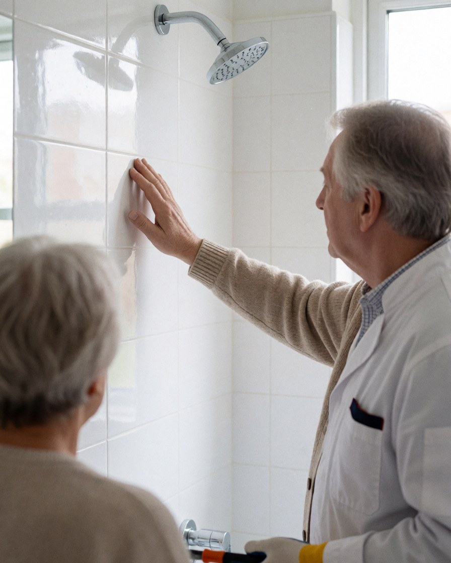 A professional installer inspects a newly tiled bathroom wall alongside a happy client, with chrome fixtures and white tiles visible.