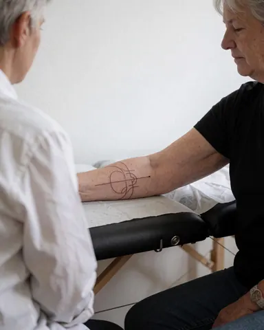 Close-up of a geometric tattoo on a client's arm with a professional tattoo artist reviewing the work in a bright studio with white walls
