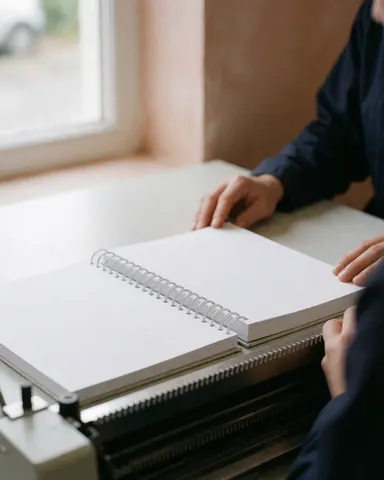 Hands placing a metal comb bound book on a binding machine in an office with terracotta walls and natural light
