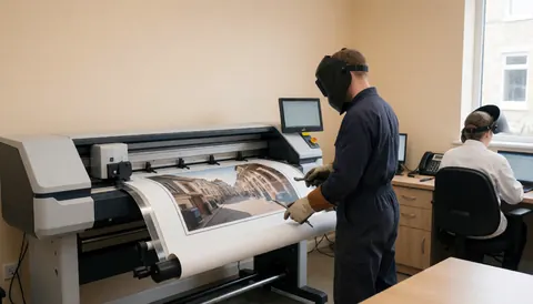 A worker in a print shop loads a large printed image onto a modern cutting plotter machine against beige walls.