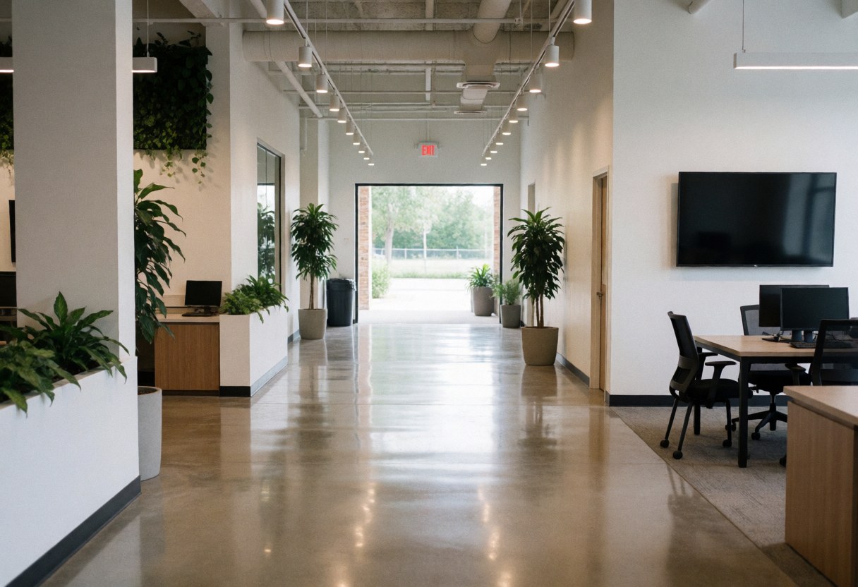Modern hallway featuring potted plants and a polished concrete floor, suitable for theme park storefronts or interiors with hanging lights and white walls.