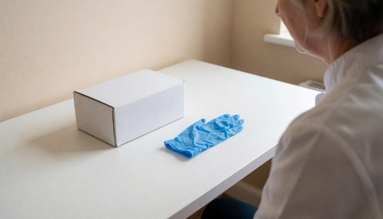 Blue glove box and single blue glove on a white table with a professional standing in a microblading studio