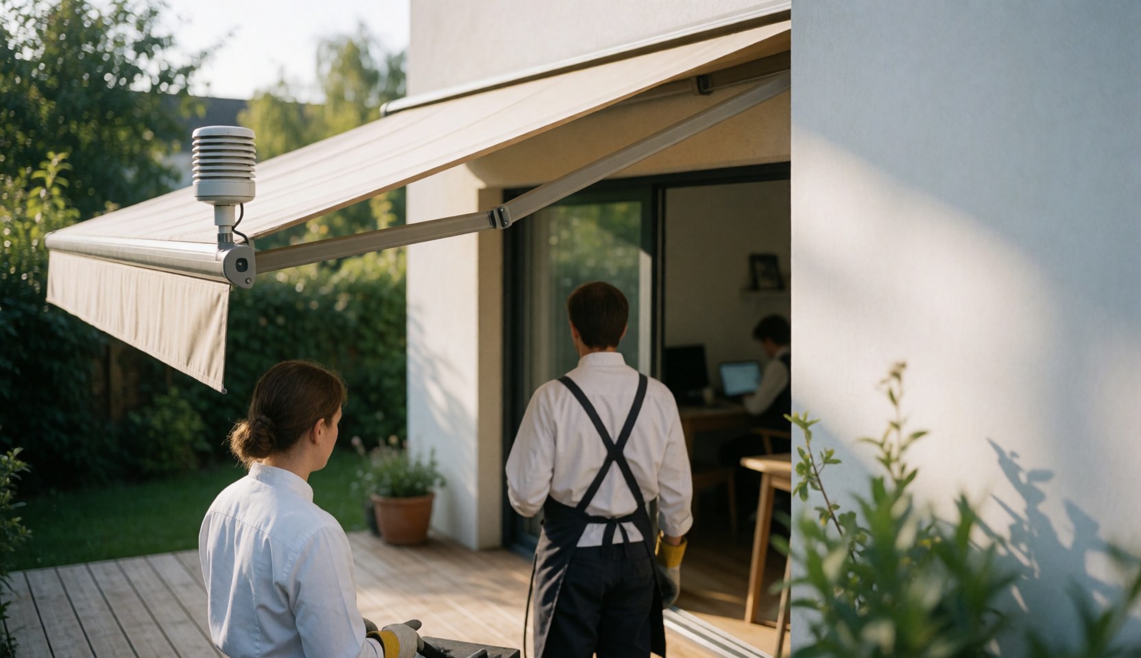Extended beige awning on a terrace with a wind sensor, polished wood, and natural light, ideal for awning services.