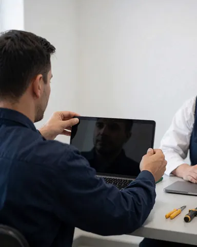 Technician in uniform lifting the screen of a laptop while a client sits nearby with tools on the table