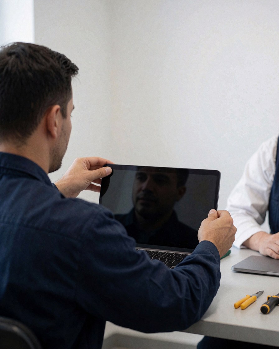 Technician in uniform lifting the screen of a laptop while a client sits nearby with tools on the table