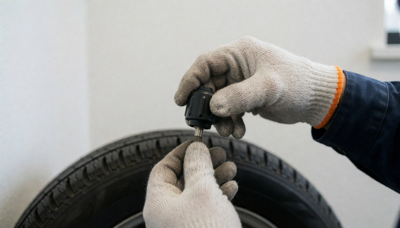 Close-up of a gloved hand tightening a tire valve cap against a white wall and rubber tread background