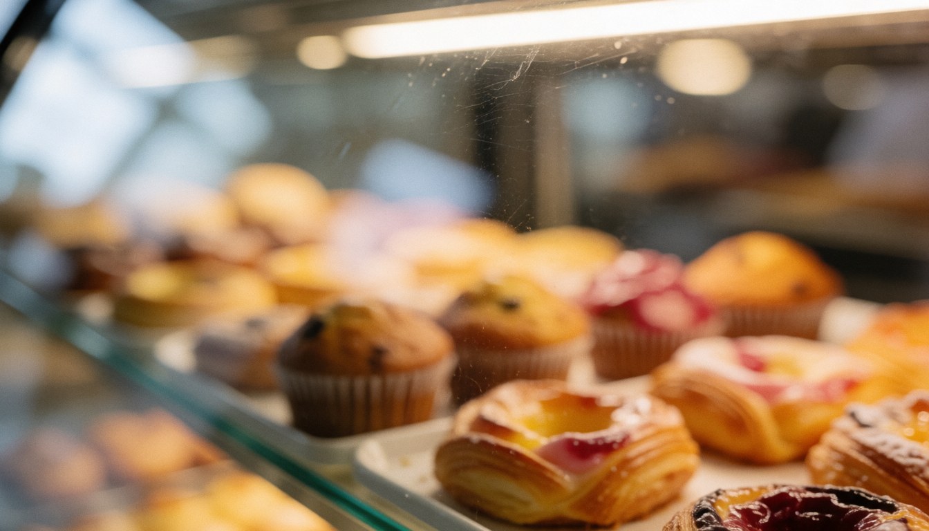 Soft focus view of assorted pastries and muffins inside a glass bakery display case with warm lighting and reflections, suitable as a text background
