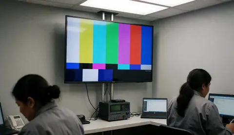 Technician checking a television using a test pattern in a clean diagnostic station with gray walls and led lighting